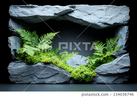 Beautiful Fern Arrangement with Green Moss on Natural Stone Base in Studio Lighting 134036746