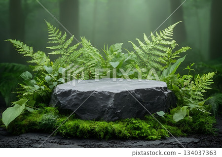 Natural Stone Pedestal Surrounded by Lush Ferns and Greenery in a Forest Setting Natural Stone Pedestal Surrounded by Lush Ferns and Greenery in a Forest Setting 134037363