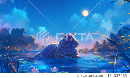 滿月和湖上的河馬，卡通風格 134037463