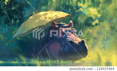 卡通風格的雨中河馬撐著傘 134037464