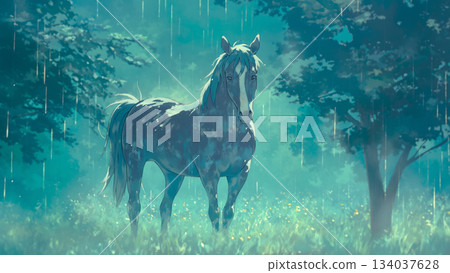 卡通風格的黑暗雨林中的一匹馬 134037628