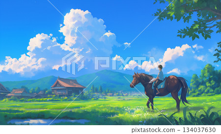 藍天下騎馬，動漫風格 134037630