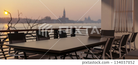 A long table with armchairs on balcony or rooftop of a riverside building. Outdoor Meeting. A long table with armchairs on balcony or rooftop of a riverside building. Outdoor Meeting. 134037852