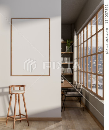 Blank frame hanging on wall over wooden stool chair in a cafe or library corridor with snow falling. Blank frame hanging on wall over wooden stool chair in a cafe or library corridor with snow falling. 134037861