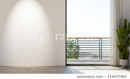 Spotlight on empty white wall along the corridor with potted plant and curtain at balcony entrance. Spotlight on empty white wall along the corridor with potted plant and curtain at balcony entrance. 134037865