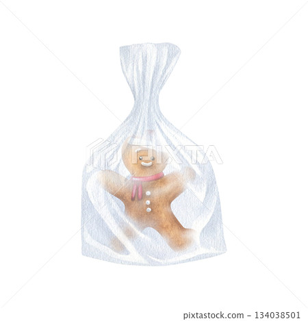 Gingerbread man in a clear plastic bag. Watercolor illustration of a cookie in a package. Hand drawn vintage sketch on white isolated background. Water color painting art image Gingerbread man in a clear plastic bag. Watercolor illustration of a cookie in a package. Hand drawn vintage sketch on white isolated background. Water color painting art image 134038501