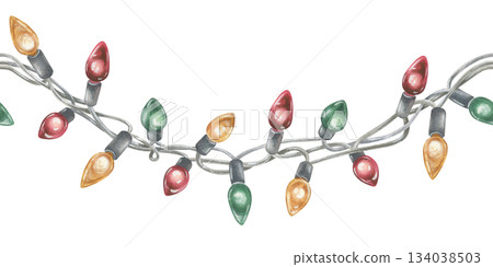 Seamless Border of multicolored Christmas Lights. Watercolor illustration of a garland. Hand drawn vintage holiday decoration on white isolated background. Water color painting art image Seamless Border of multicolored Christmas Lights. Watercolor illustration of a garland. Hand drawn vintage holiday decoration on white isolated background. Water color painting art image 134038503