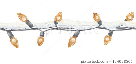 Seamless Border of warm Christmas Lights. Watercolor illustration of a yellow garland. Hand drawn vintage gold holiday decoration on white isolated background. Water color painting art image 134038505
