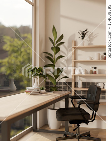 A wooden table with potted plants and armchair beside a glass wall with nature view outside. 134038595