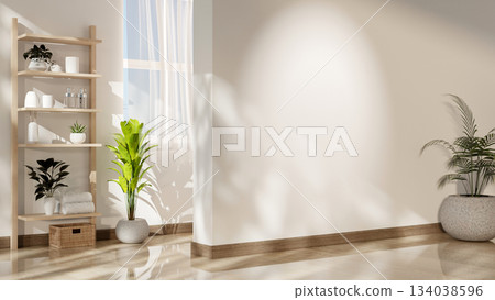 Empty white wall along a wooden parquet floor corridor to the entrance or an exit of the house. 134038596