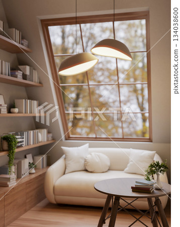 Wooden stool table and white sofa under lamp light inside attic room with bookshelf and roof window. Wooden stool table and white sofa under lamp light inside attic room with bookshelf and roof window. 134038600