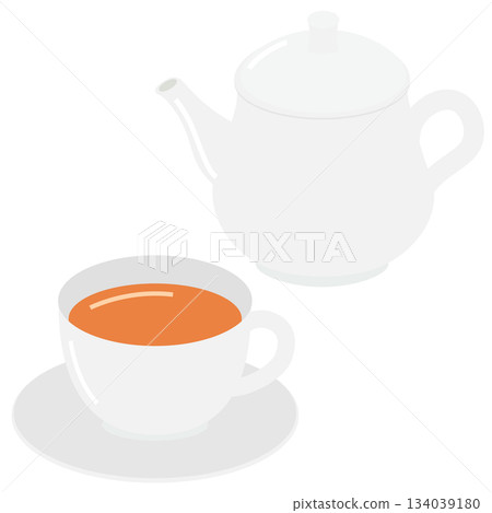 一個簡單的茶壺和茶杯的插圖，裡面裝滿了茶。 134039180