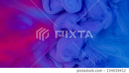 Cloud blend. Ink fluid. Defocused blue pink purple color fume wave swirling texture floating on abstract creative vivid background. 134039412