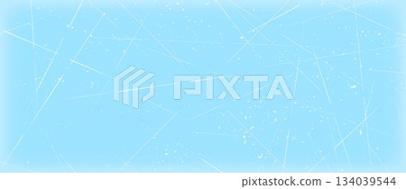 Scratched ice surface texture. Blue icy background with skate traces, cracks, scratches. Frozen lake or pond water wallpaper with dots, spots and lines. Winter sport rink backdrop. Vector illustration 134039544