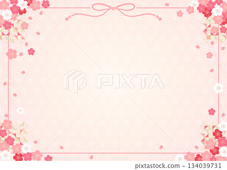 柔和的粉紅色邊框背景，點綴著櫻花和日式圖案，充滿春日和女兒節的氛圍。 134039731