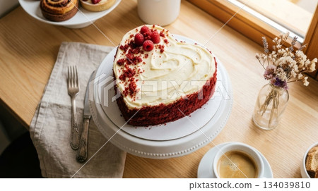 Heart-Shaped Red Velvet Cake on White Cake Stand 134039810