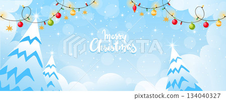 Christmas background with snow-covered fir trees and garlands on a blue winter landscape. Vector festive banner template with copy space. Vector illustration for Christmas design. 134040327