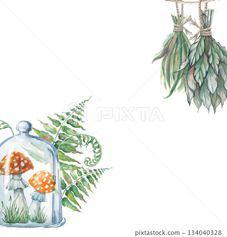 A square frame with red mushrooms under a transparent dome, green ferns and grass drying on a rope. Watercolor illustration for Halloween with leaves of a forest plant and fly agarics on an isolated A square frame with red mushrooms under a transparent dome, green ferns and grass drying on a rope. Watercolor illustration for Halloween with leaves of a forest plant and fly agarics on an isolated 134040328