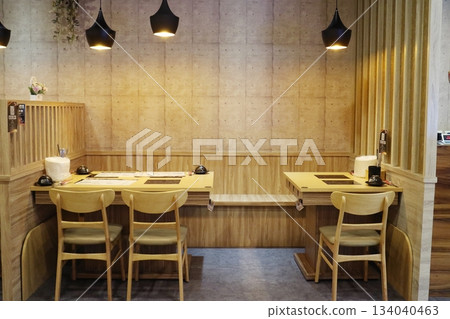 Modern restaurant interior decoration, wood furniture 134040463