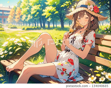Illustration of a girl wearing a straw hat sitting on a bench Illustration of a girl wearing a straw hat sitting on a bench 134040685