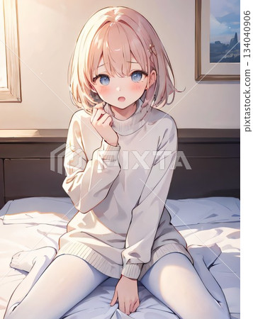 一張可愛女孩坐在床上的插圖 134040906