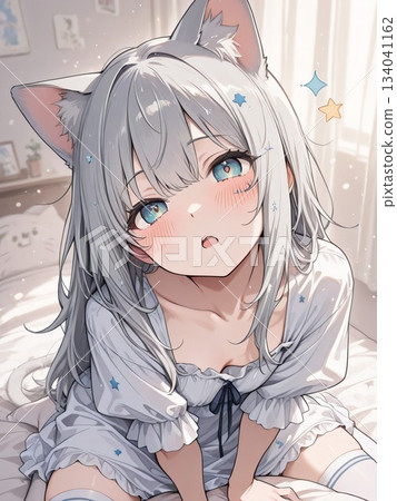 Illustration of a cute silver-haired cat-eared girl looking at you 134041162