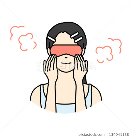 插圖描繪了一位頭髮用髮夾固定住的女士，她正戴著熱眼罩放鬆雙眼。 134041188