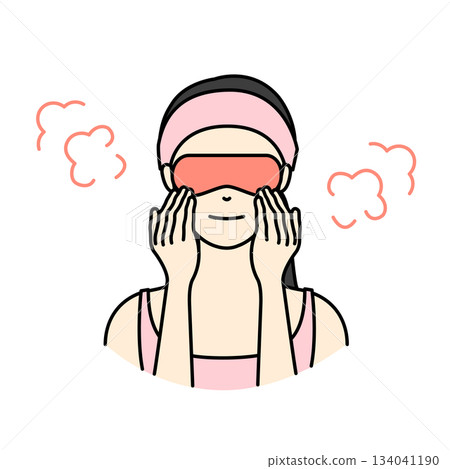 一幅插圖描繪了一位頭戴粉紅色毛巾頭巾的女子，她正戴著熱眼罩放鬆地暖眼。 134041190