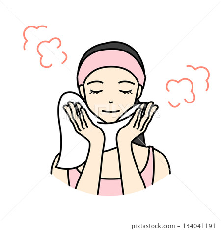 一幅插圖，描繪了一位頭戴粉紅色毛巾頭巾的女士正在用熱毛巾進行蒸汽美容護理。 134041191