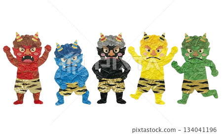 一套五張不同姿勢的彩色惡魔人物，用和紙剪紙製作而成。 134041196