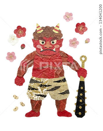 節分紅鬼（全身）和紙剪紙插圖 134041200