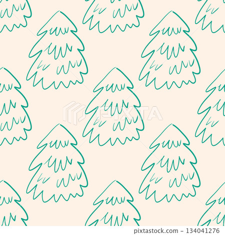 Seamless Hand Drawn Christmas Tree Pattern Design. Pattern for wrapping paper, packaging, fabric design. Whimsical coquette vintage design. Seamless Hand Drawn Christmas Tree Pattern Design. Pattern for wrapping paper, packaging, fabric design. Whimsical coquette vintage design. 134041276
