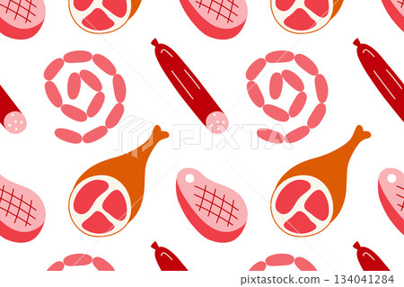 Flat cartoon vector illustration, meat product pattern with sausages, ham, bacon and steaks, savory food theme, bold culinary mood, seamless design for packaging, menu graphics and cooking projects Flat cartoon vector illustration, meat product pattern with sausages, ham, bacon and steaks, savory food theme, bold culinary mood, seamless design for packaging, menu graphics and cooking projects 134041284