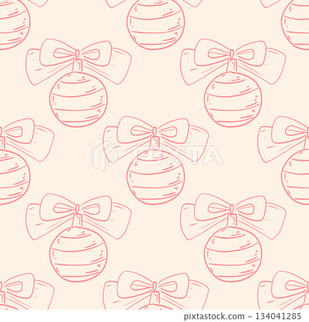 Christmas seamless pattern of vintage Christmas tree ornament in pink color for wrapping paper, packaging, fabric design. Whimsical coquette vintage design. Christmas seamless pattern of vintage Christmas tree ornament in pink color for wrapping paper, packaging, fabric design. Whimsical coquette vintage design. 134041285