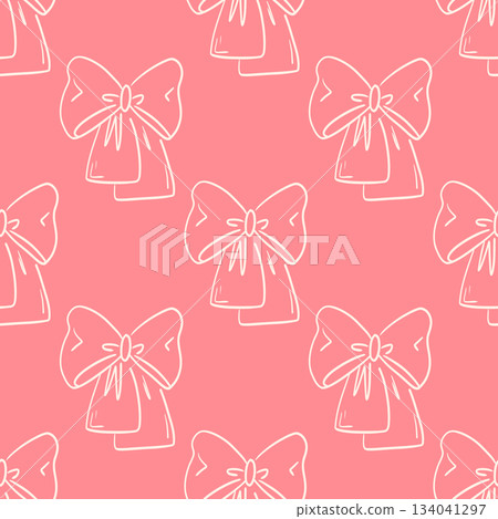Charming seamless pattern featuring hand-drawn bows, perfect for feminine stationery, gift wrap, or nursery decor. Whimsical print. Charming seamless pattern featuring hand-drawn bows, perfect for feminine stationery, gift wrap, or nursery decor. Whimsical print. 134041297
