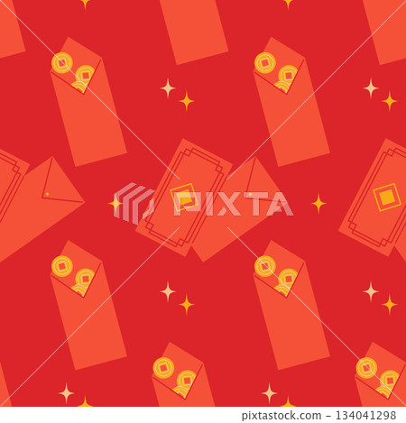 Hongbao red envelope with coins vector pattern. Asian festive envelope with ornament. Traditional money gift for Lunar New Year, wedding and other occasions. Flat illustration. 134041298