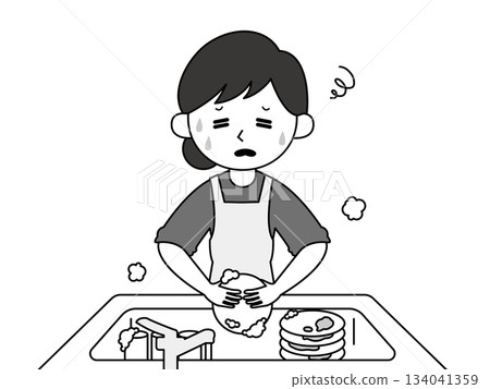 一幅黑白插圖，描繪了一位面容疲憊的家庭主婦正在洗碗。 134041359