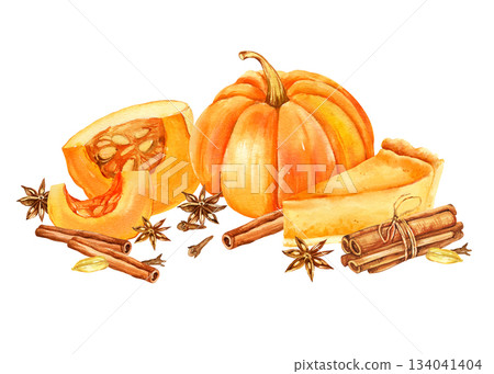 watercolor raw orange pumpkin, piece of delicious pumpkin pie, cinnamon sticks, star anise, hand drawn illustration of food, treats for the holiday, Halloween, autumn party, cozy sketch for card 134041404