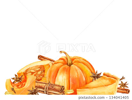 raw orange pumpkin and spices, watercolor piece of delicious pumpkin pie, cinnamon sticks, star anise, hand drawn illustration of food, treats for the holiday, Halloween, autumn party, frame, sketch 134041405