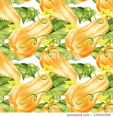 watercolor ripe beige pumpkins with green leaves, stems and yellow flowers, seamless pattern, autumn harvest illustration, hand drawn sketch, for Halloween, thanksgiving day, fall festival decoration 134041409