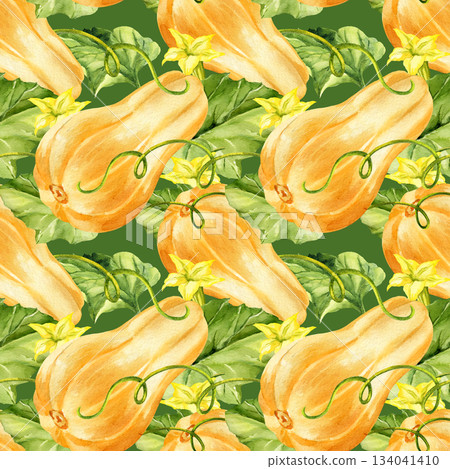 watercolor ripe beige pumpkins with green leaves, stems and yellow flowers, seamless pattern, autumn harvest illustration, hand drawn sketch, for Halloween, thanksgiving day, fall festival decoration 134041410