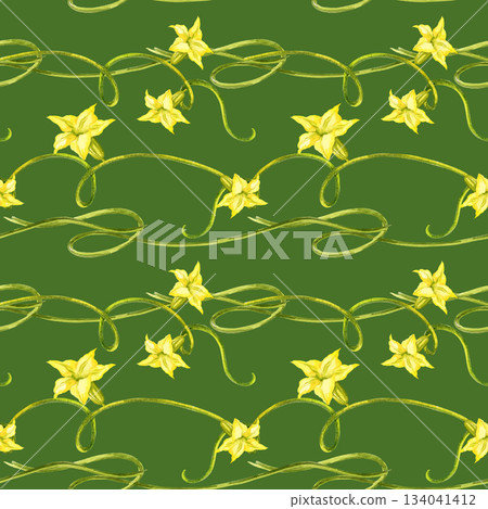 watercolor seamless pattern from part of plant pumpkins, different green twisted stems and yellow flowers, autumn harvest illustration, hand drawn sketch, for Halloween, thanksgiving day decoration 134041412