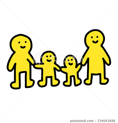 Family of four holding hands with child in the middle | Hand-drawn illustration icon 134041698