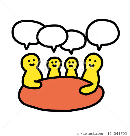 Family of four sitting around a table with a child in the middle - Family meeting | Hand-drawn illustration icon 134041703