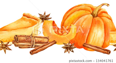 raw orange pumpkin and spices, watercolor piece of delicious pumpkin pie, cinnamon sticks, star anise, hand drawn illustration of food, seamless border, Halloween, autumn party, pattern, sketch 134041761