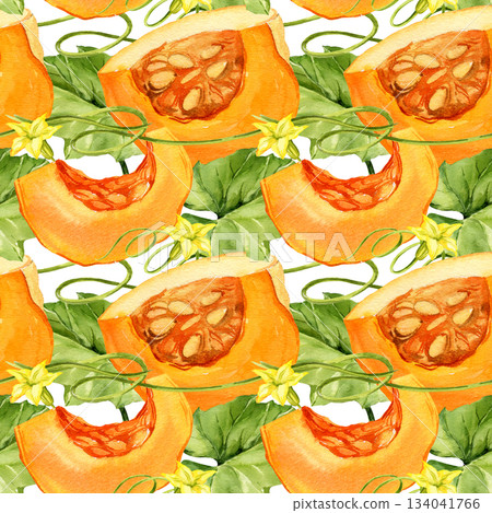 watercolor ripe orange pumpkin and piece, green leaves, stems, yellow flowers, seamless pattern, autumn harvest illustration, hand drawn sketch of vegetable, Halloween, thanksgiving day fall festival watercolor ripe orange pumpkin and piece, green leaves, stems, yellow flowers, seamless pattern, autumn harvest illustration, hand drawn sketch of vegetable, Halloween, thanksgiving day fall festival 134041766