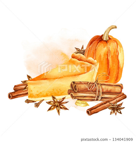 watercolor raw orange pumpkin, piece of delicious pumpkin pie, cinnamon sticks, star anise, hand drawn illustration of food, treats for the holiday, Halloween, autumn party, cozy sketch for card 134041909