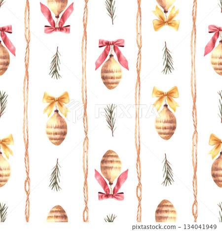 Pine cone Christmas fir toys with golden and red bows and spruce branch seamless watercolor painted pattern. Xmas, New year vintage striped fabric ,wrapping paper Isolated from background illustration Pine cone Christmas fir toys with golden and red bows and spruce branch seamless watercolor painted pattern. Xmas, New year vintage striped fabric ,wrapping paper Isolated from background illustration 134041949