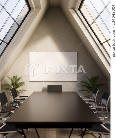 Blank whiteboard on the wall of attic meeting room with black table and armchair under roof windows. Blank whiteboard on the wall of attic meeting room with black table and armchair under roof windows. 134042004