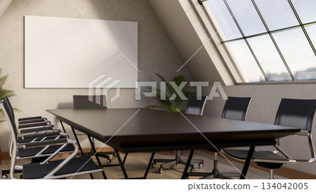 Blank whiteboard on the wall of meeting room with long black table and armchair under roof windows. Blank whiteboard on the wall of meeting room with long black table and armchair under roof windows. 134042005